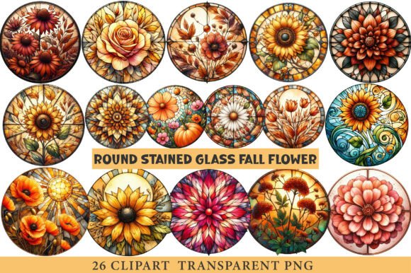 Download Round Stained Glass Fall Flower Clipart - Fall flower clipart Collection