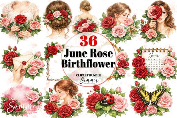 Download June Rose Birth Flower Clipart Bundle - Birth flower clipart Collection